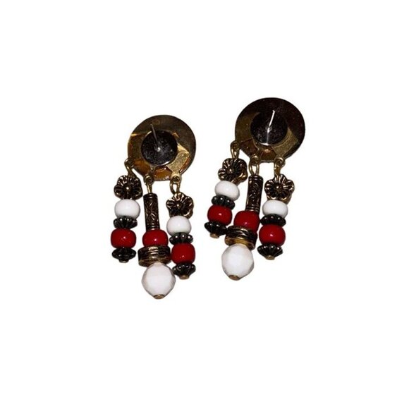 Vtg Gold Metal Earrings w Red White & Gold Beads, Bohemian Statement Retro - Picture 2 of 3